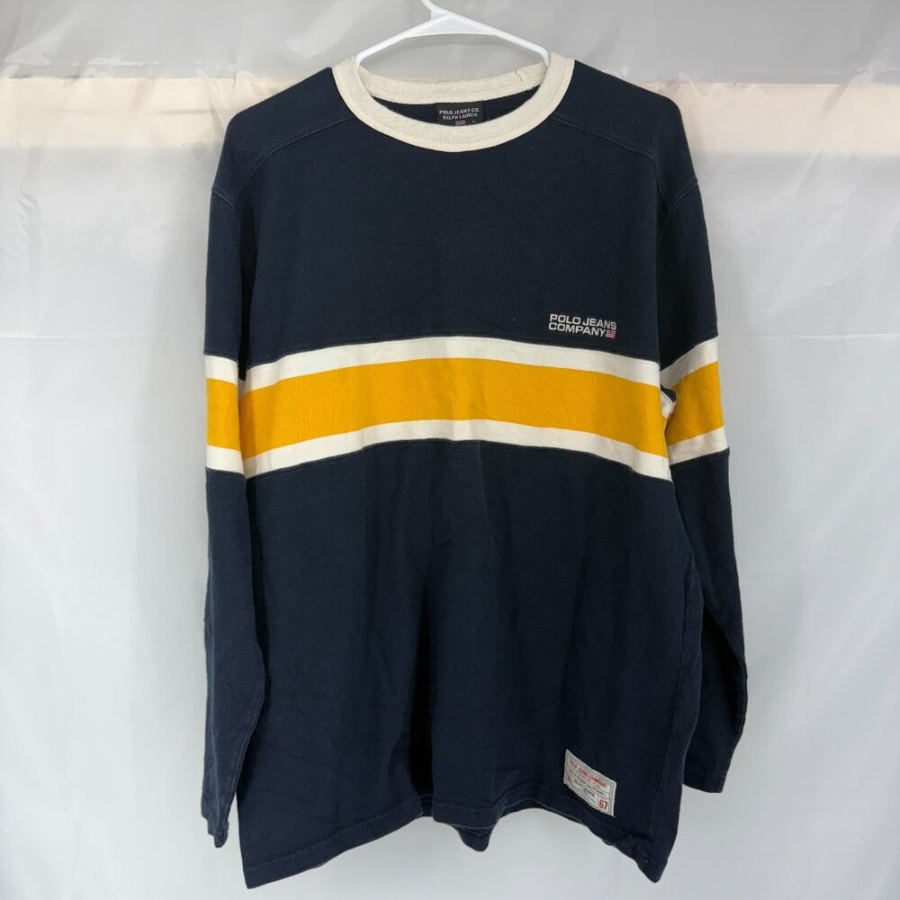 Polo Ralph Lauren Men L Rugby Shirt Long Sleeve Striped Navy Yellow Crewneck 90s